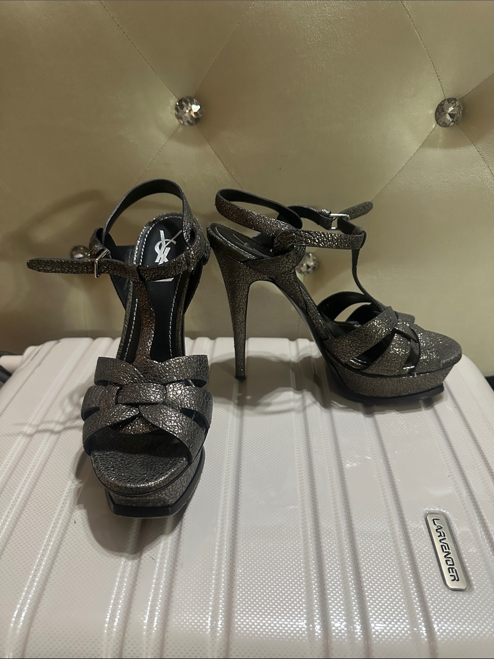 Saint Laurent Gunmetal Glitter Platform T-Strap Sandals